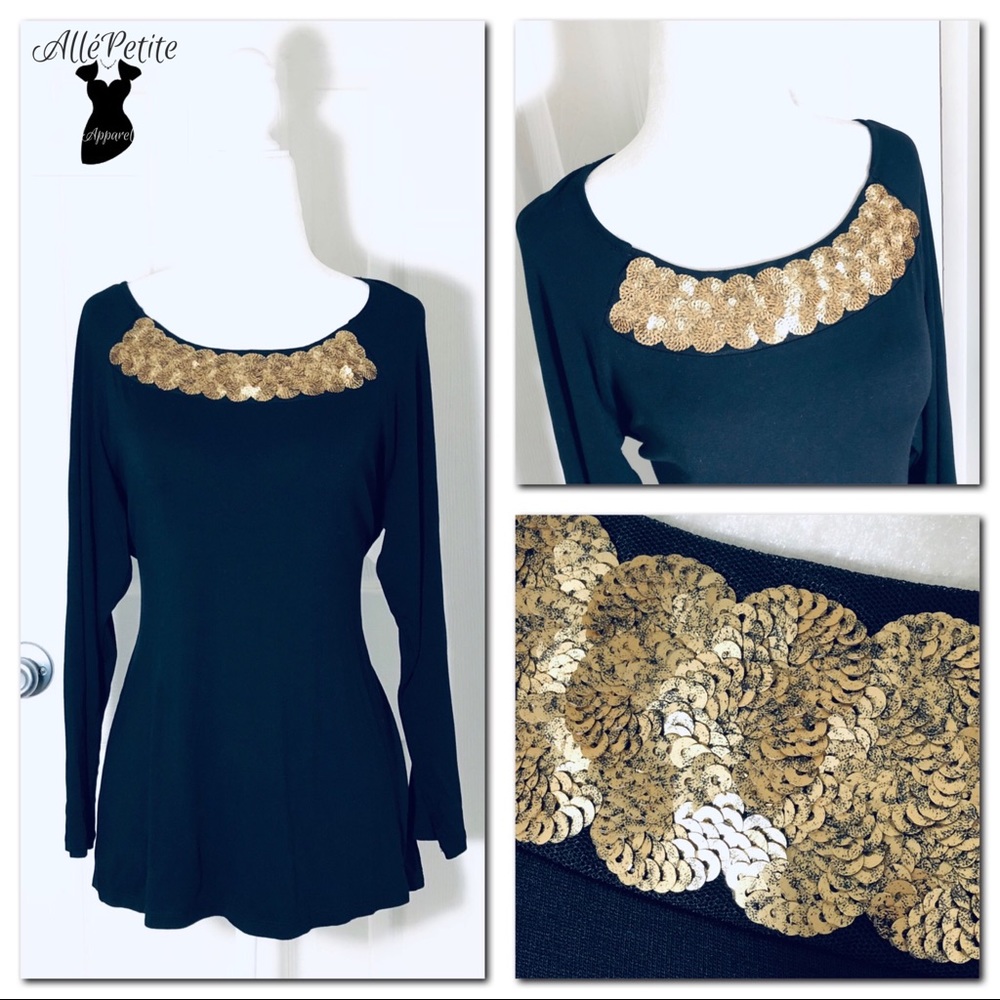 Gold Sequin Black Long Sleeve Shirt Top
